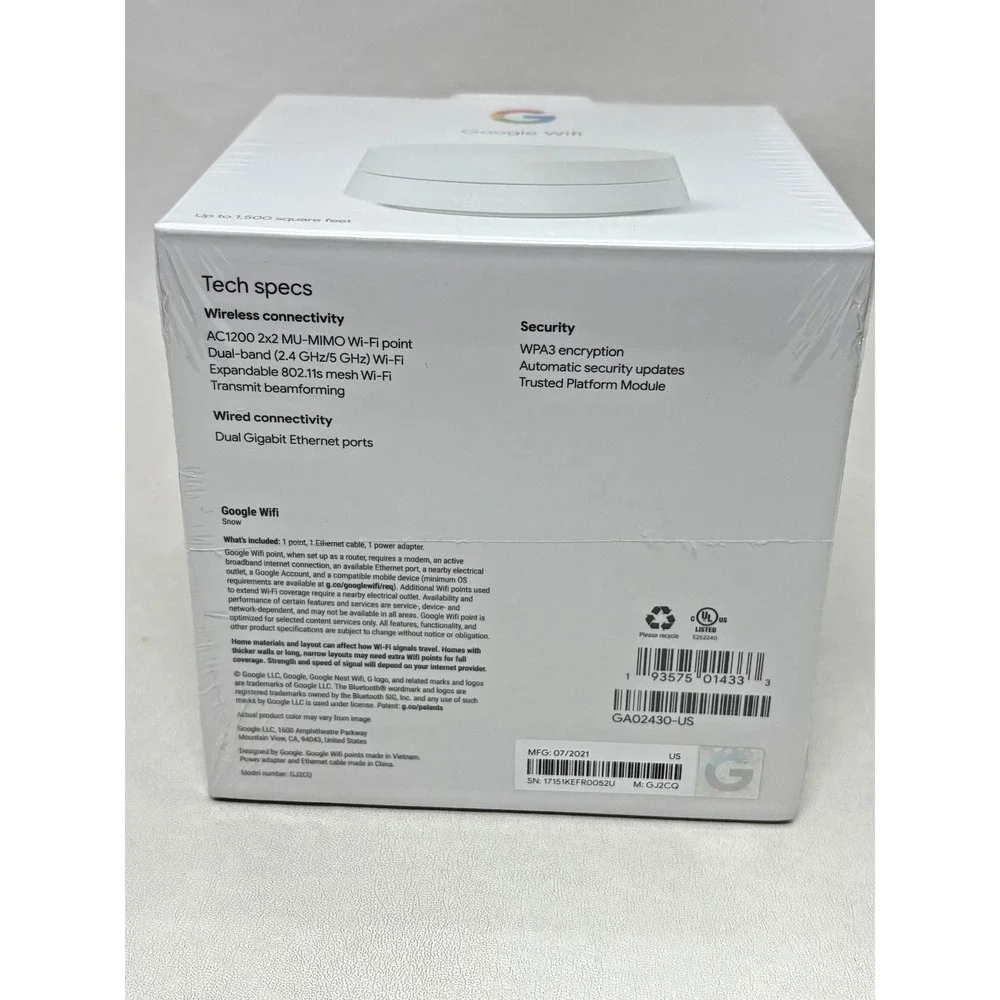 Google Wifi AC1200 Mesh WiFi‎ System Wifi Router 1500 Sq Ft Coverage 2 pack